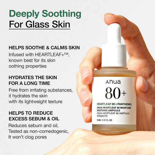 Heartleaf 80 Soothing Ampoule, Hydrating Facial Serum for Glass Skin, Hyaluronic Acid, Panthenol, Lightweight, Non-Greasy Formula, Korean Skincare, 1.01 Fl.Oz