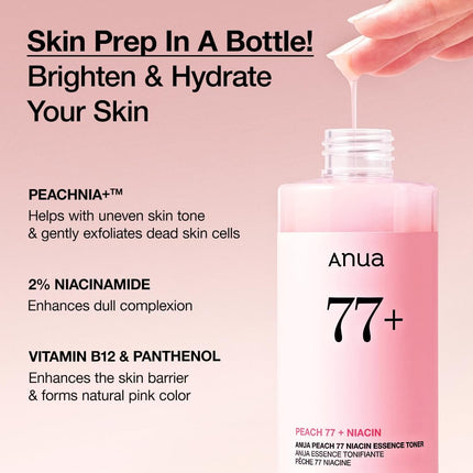 Anua Peach 77 Niacin Essence Toner, Tónico Facial Iluminador Para Glass Skin, Con Niacinamida, Pantenol Y Ceramidas, Skincare Coreano, 250 Ml