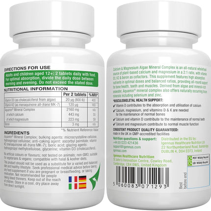 Igennus Calcio Y Magnesio De Algas De Alta Absorción, Con Vitamina D, K2 Y Boro, Etiqueta Limpia,Origen Vegetal,Complejo Mineral De Algas No Transgénicas,Soporte Huesos Y Dientes,Vegano,60 Comprimidos