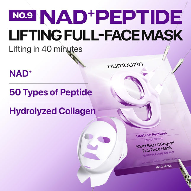 Numbuzin No.9 Sheet Mask | NAD+ BIO Full Face Mask | Improves Jawline, Jowls, Wrinkles, Neck Lines | Peptides, NAD+, Collagen | Skin Firmness | 4 Sheets + Band
