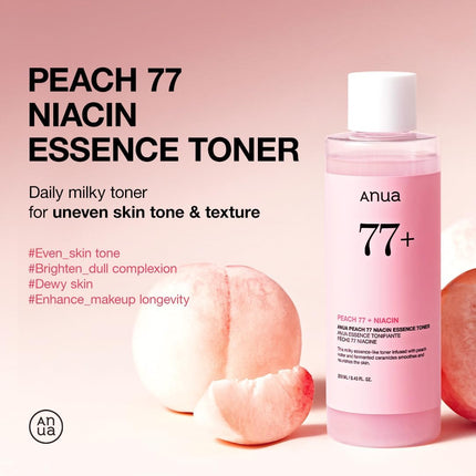 Anua Peach 77 Niacin Essence Toner, Tónico Facial Iluminador Para Glass Skin, Con Niacinamida, Pantenol Y Ceramidas, Skincare Coreano, 250 Ml