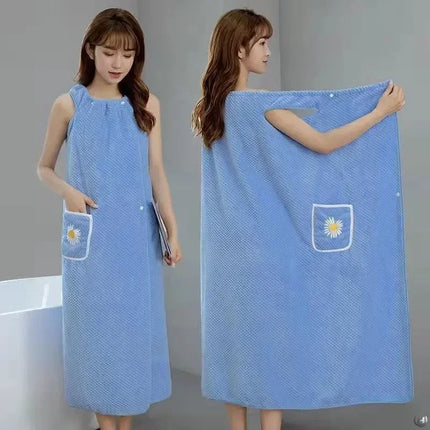 Women Wearable Bath Wrap Towel Absorbent Polyester Long Washable Bathroom Bathrobe