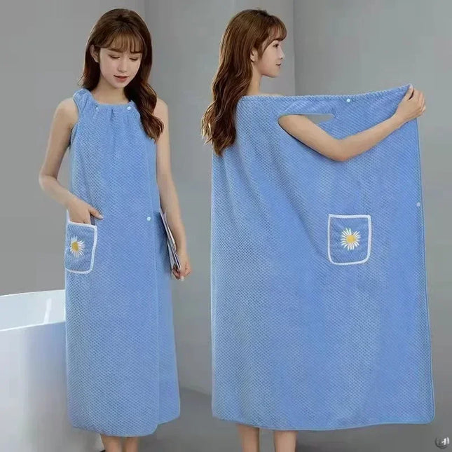 Women Wearable Bath Wrap Towel Absorbent Polyester Long Washable Bathroom Bathrobe