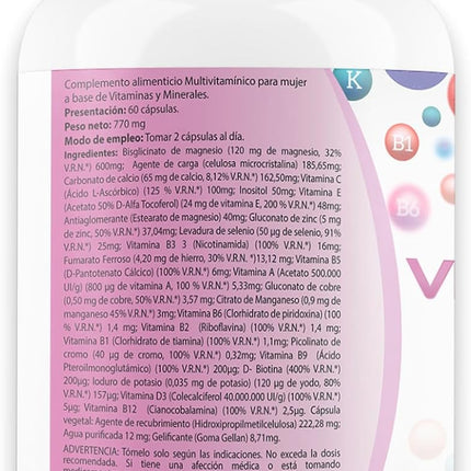 Complejo Multivitamínico Para Mujer | 24 Vitaminas | Vitamina C, Vitamina E, Magnesio, D3,B12 | Protege, Refuerza Y Fortalece Las Defensas| Aporta Energía Y Vitalidad | 60 Cápsulas