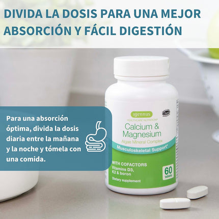 Igennus Calcio Y Magnesio De Algas De Alta Absorción, Con Vitamina D, K2 Y Boro, Etiqueta Limpia,Origen Vegetal,Complejo Mineral De Algas No Transgénicas,Soporte Huesos Y Dientes,Vegano,60 Comprimidos