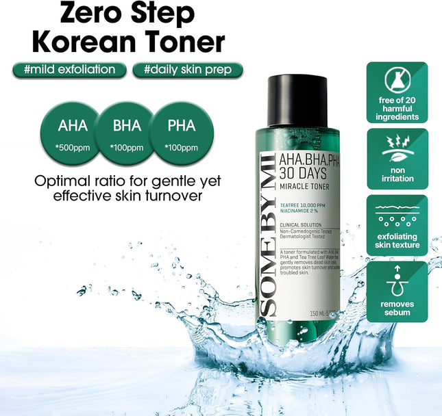 AHA BHA PHA 30 Days Miracle Toner – 150 Ml – Tónico Exfoliante Facial Coreano Con Ácido Salicílico – Cuidado Diario De Poros Y Control De Grasa Con 2% De Niacinamida