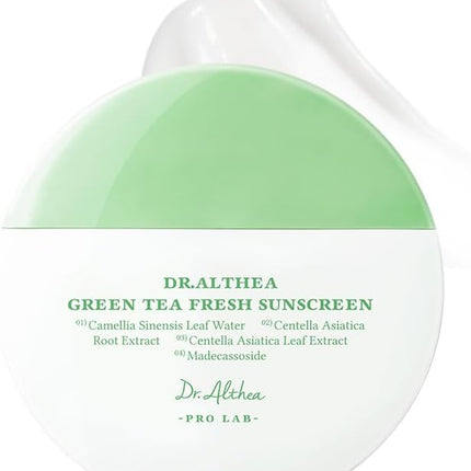 Dr.Althea Green Tea Fresh Sunscreen | Protector Solar Ligero Para Piel Sensible | Con Centella Para Calmar Y Refrescar La Piel | Protector Solar Facial Vegano Coreano (45 Ml, SPF50 PA++++)