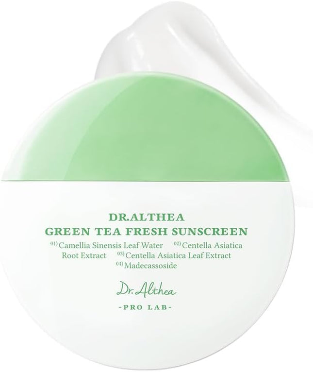 Dr.Althea Green Tea Fresh Sunscreen | Protector Solar Ligero Para Piel Sensible | Con Centella Para Calmar Y Refrescar La Piel | Protector Solar Facial Vegano Coreano (45 Ml, SPF50 PA++++)