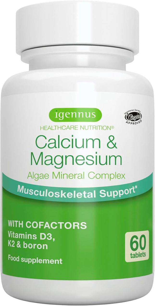 Igennus Calcio Y Magnesio De Algas De Alta Absorción, Con Vitamina D, K2 Y Boro, Etiqueta Limpia,Origen Vegetal,Complejo Mineral De Algas No Transgénicas,Soporte Huesos Y Dientes,Vegano,60 Comprimidos