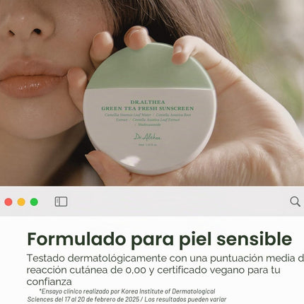 Dr.Althea Green Tea Fresh Sunscreen | Protector Solar Ligero Para Piel Sensible | Con Centella Para Calmar Y Refrescar La Piel | Protector Solar Facial Vegano Coreano (45 Ml, SPF50 PA++++)