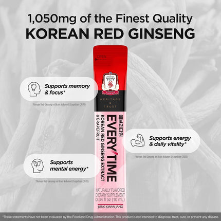 Everytime Korean Red Ginseng Extract & Grapefruit 30 Sticks | Korean Red Panax Ginseng 3,000Mg, Energy Boost, Immune Support, Caffeine Free, No Sugar, Fast Absorption, Vegan Liquid Drink