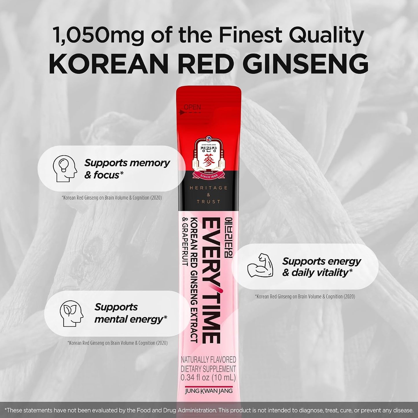 Everytime Korean Red Ginseng Extract & Grapefruit 30 Sticks | Korean Red Panax Ginseng 3,000Mg, Energy Boost, Immune Support, Caffeine Free, No Sugar, Fast Absorption, Vegan Liquid Drink