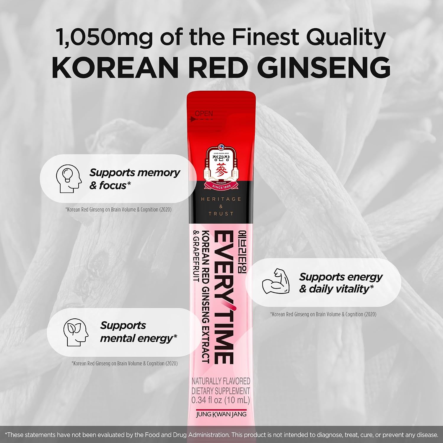 Everytime Korean Red Ginseng Extract & Grapefruit 30 Sticks | Korean Red Panax Ginseng 3,000Mg, Energy Boost, Immune Support, Caffeine Free, No Sugar, Fast Absorption, Vegan Liquid Drink