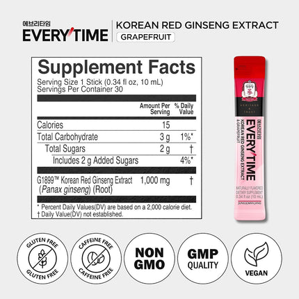 Everytime Korean Red Ginseng Extract & Grapefruit 30 Sticks | Korean Red Panax Ginseng 3,000Mg, Energy Boost, Immune Support, Caffeine Free, No Sugar, Fast Absorption, Vegan Liquid Drink