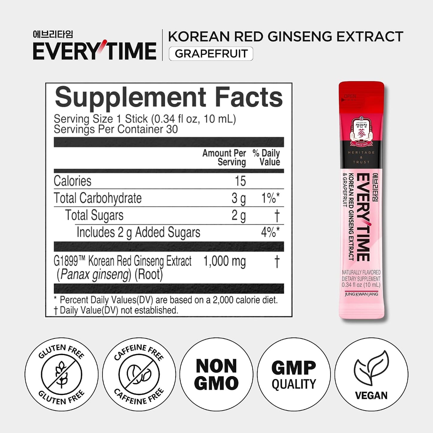 Everytime Korean Red Ginseng Extract & Grapefruit 30 Sticks | Korean Red Panax Ginseng 3,000Mg, Energy Boost, Immune Support, Caffeine Free, No Sugar, Fast Absorption, Vegan Liquid Drink
