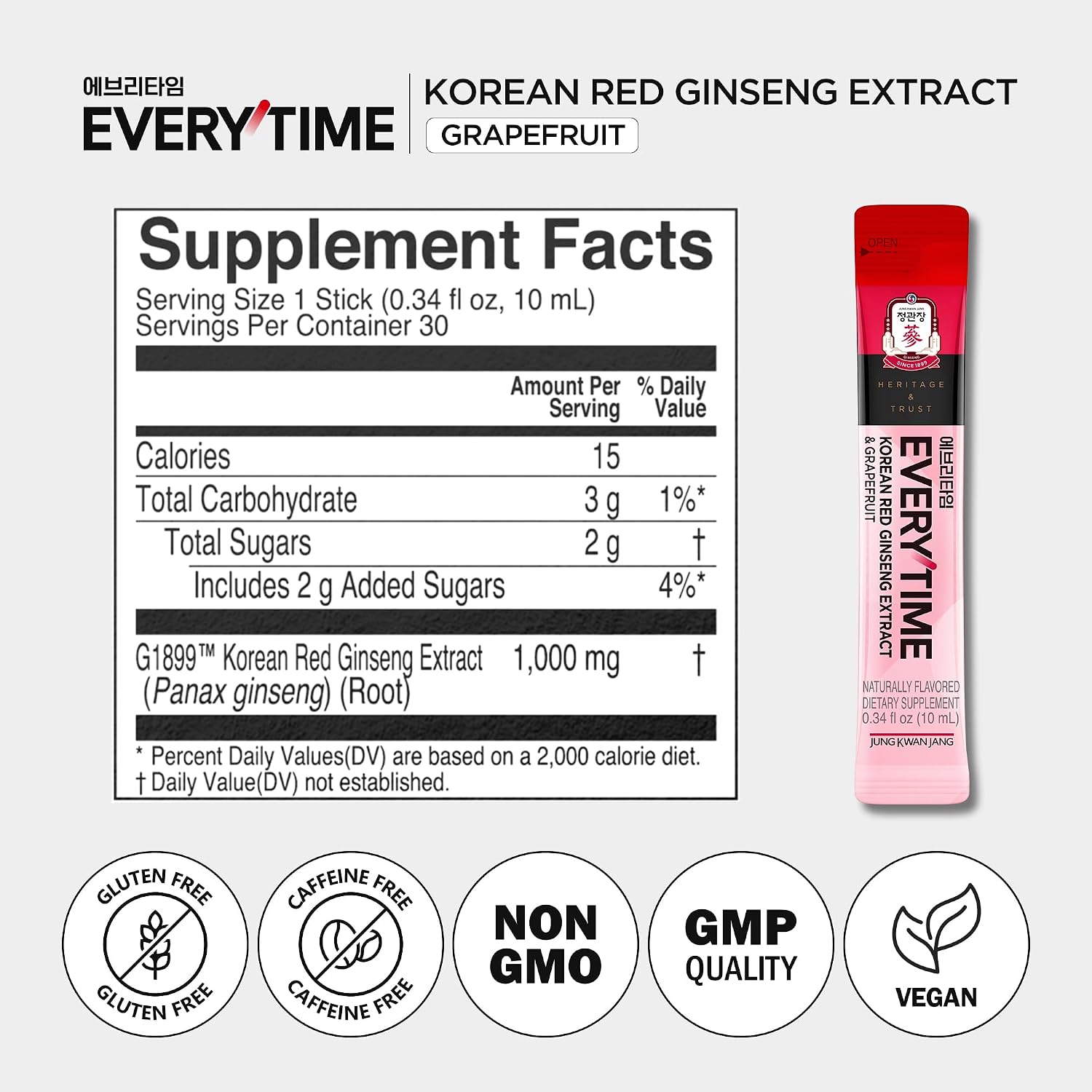 Everytime Korean Red Ginseng Extract & Grapefruit 30 Sticks | Korean Red Panax Ginseng 3,000Mg, Energy Boost, Immune Support, Caffeine Free, No Sugar, Fast Absorption, Vegan Liquid Drink