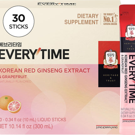 Everytime Korean Red Ginseng Extract & Grapefruit 30 Sticks | Korean Red Panax Ginseng 3,000Mg, Energy Boost, Immune Support, Caffeine Free, No Sugar, Fast Absorption, Vegan Liquid Drink