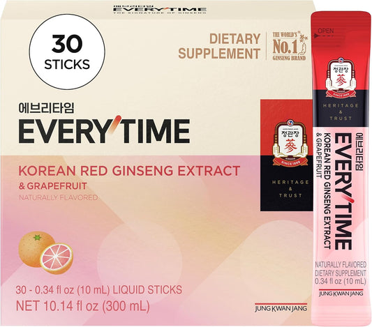 Everytime Korean Red Ginseng Extract & Grapefruit 30 Sticks | Korean Red Panax Ginseng 3,000Mg, Energy Boost, Immune Support, Caffeine Free, No Sugar, Fast Absorption, Vegan Liquid Drink