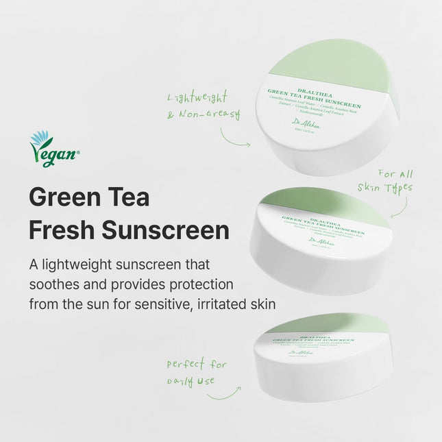 Dr.Althea Green Tea Fresh Sunscreen | Protector Solar Ligero Para Piel Sensible | Con Centella Para Calmar Y Refrescar La Piel | Protector Solar Facial Vegano Coreano (45 Ml, SPF50 PA++++)