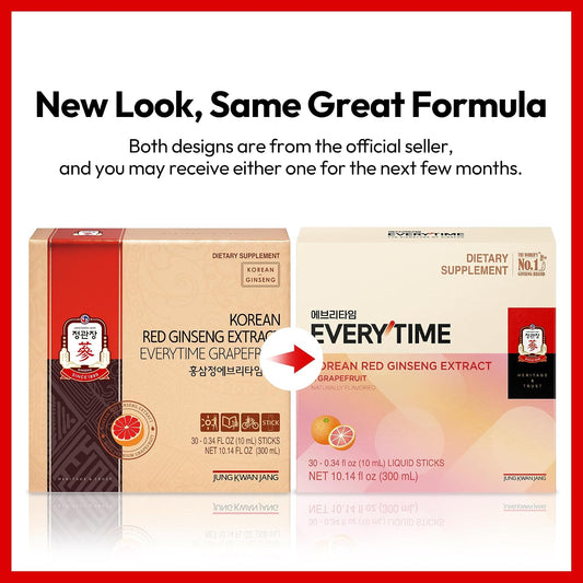 Everytime Korean Red Ginseng Extract & Grapefruit 30 Sticks | Korean Red Panax Ginseng 3,000Mg, Energy Boost, Immune Support, Caffeine Free, No Sugar, Fast Absorption, Vegan Liquid Drink
