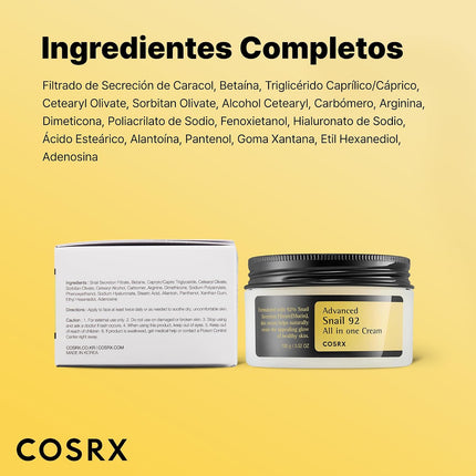 COSRX Advanced Snail 92 All in One Cream, 100G, anti Manchas Y Antiarrugas, Crema Hidratante De Dia Y Noche