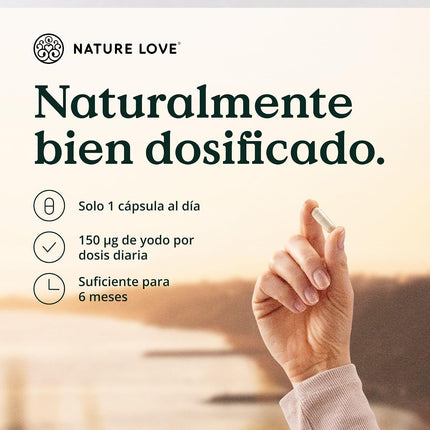 Complejo De Yodo NATURE LOVE® - 180 Cápsulas - Con Yodo, Selenio, L-Tirosina, Vitaminas B Y D - Yodo Natural De Algas Pardas (Kelp) - Para 6 Meses - Alta Dosificación, Vegano Y Probado En Laboratorio
