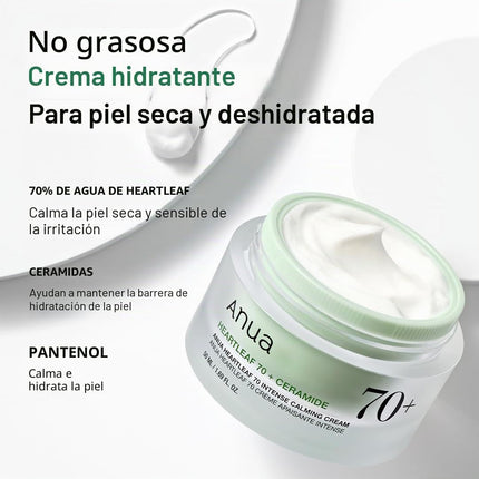 ANUA Crema Calmante Intensa Heartleaf 70 Con Ceramida, Pantenol Y Extracto De Hoja De Corazón, Cuidado De La Piel Coreano (50 Ml/1,69 Fl. Oz)