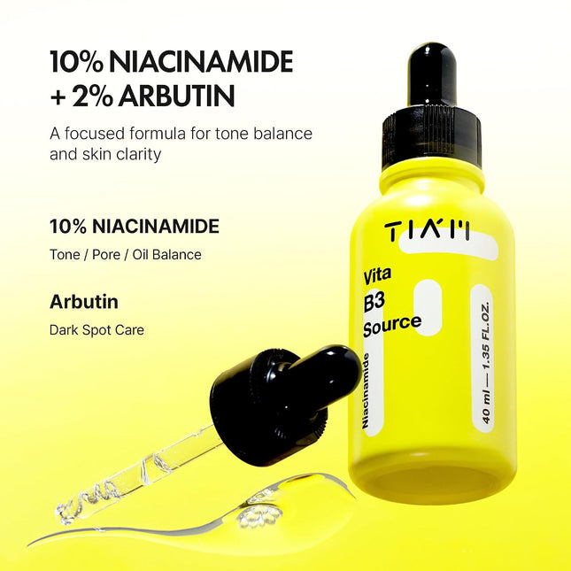 TIAM Vita B3 Source Serum, Niacinamide 10% + Arbutin 2%, Charming Tone Maker Tone-Balancing Treatment for Uneven Skin Tone, Dark Spot Care & Skin Clarity, Lightweight Daily Facial Formula, 1.35 Fl Oz