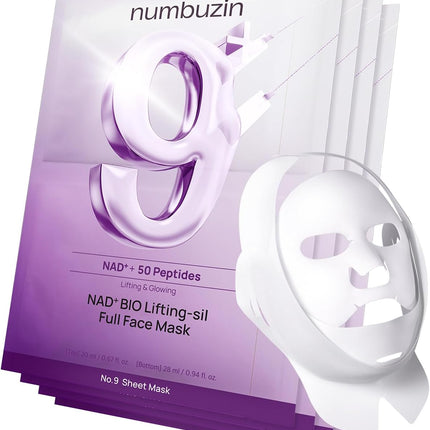 Numbuzin No.9 Sheet Mask | NAD+ BIO Full Face Mask | Improves Jawline, Jowls, Wrinkles, Neck Lines | Peptides, NAD+, Collagen | Skin Firmness | 4 Sheets + Band