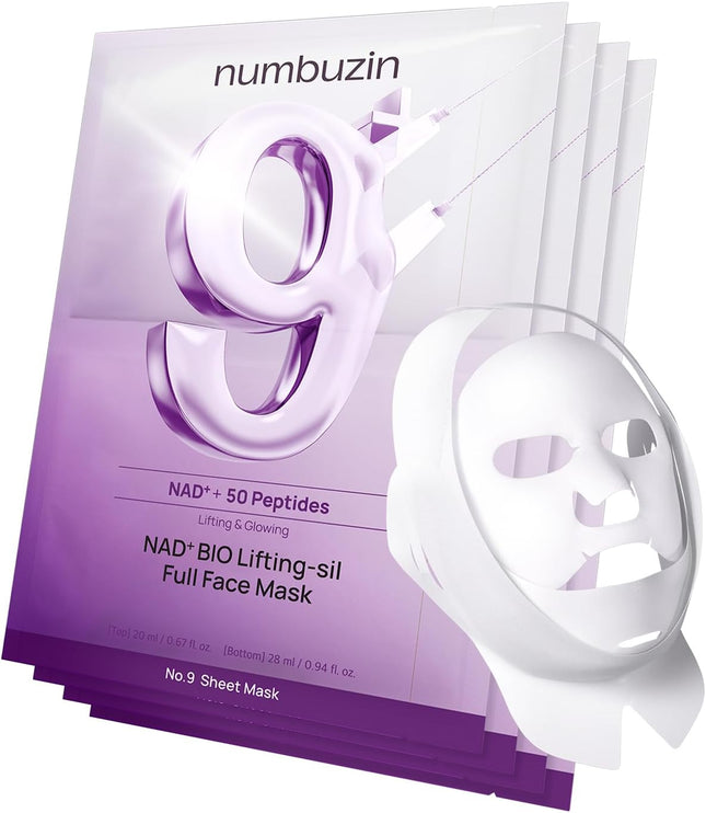 Numbuzin No.9 Sheet Mask | NAD+ BIO Full Face Mask | Improves Jawline, Jowls, Wrinkles, Neck Lines | Peptides, NAD+, Collagen | Skin Firmness | 4 Sheets + Band