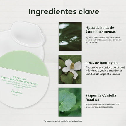 Dr.Althea Green Tea Fresh Sunscreen | Protector Solar Ligero Para Piel Sensible | Con Centella Para Calmar Y Refrescar La Piel | Protector Solar Facial Vegano Coreano (45 Ml, SPF50 PA++++)