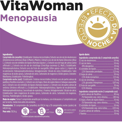 MENOPAUSIA Vitawoman - Reduce Sofocos, Insomnio, Hinchazón Y Sudoración - Efecto Día Y Noche - Con Salvia, Cimicífuga, Lúpulo, Pasiflora | 60 Comprimidos ELADIET