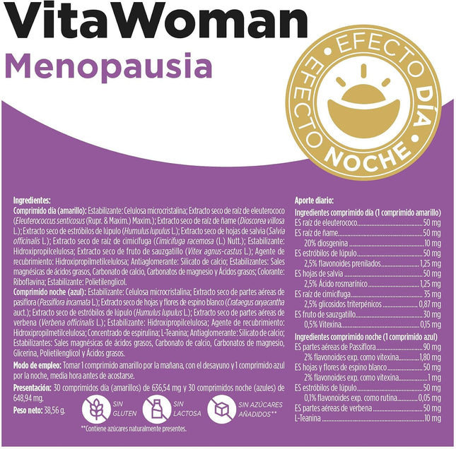 MENOPAUSIA Vitawoman - Reduce Sofocos, Insomnio, Hinchazón Y Sudoración - Efecto Día Y Noche - Con Salvia, Cimicífuga, Lúpulo, Pasiflora | 60 Comprimidos ELADIET