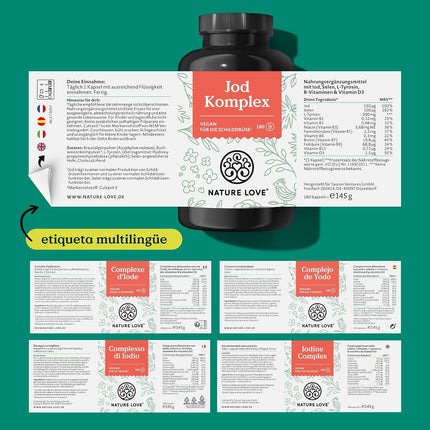 Complejo De Yodo NATURE LOVE® - 180 Cápsulas - Con Yodo, Selenio, L-Tirosina, Vitaminas B Y D - Yodo Natural De Algas Pardas (Kelp) - Para 6 Meses - Alta Dosificación, Vegano Y Probado En Laboratorio