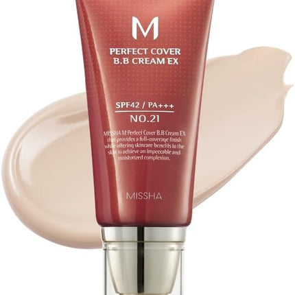 M Perfect Cover BB Cream No.21 Beige Claro - Tono Claro Con Subtono Frío SPF 42 PA+++ 50 Ml - Crema Hidratante Con Color Para El Rostro Con Protección Solar. Regalo Ideal Para San Valentín.