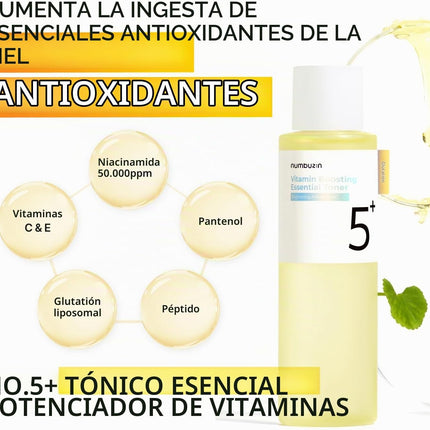 Numbuzin N.°5 Tónico | Tónico Vitamin Boosting Essential | Antimanchas, Piel Luminosa, Radiante, Hiperpigmentación | Vitamina C, Glutatión, Antioxidantes, Niacinamida | 200 Ml