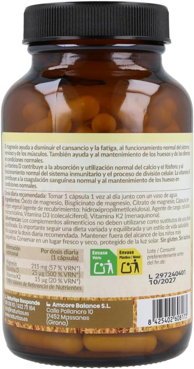 Magnesio D3+K2 | 120 Cápsulas | Naturitas Essentials | Citrato Bisglicinato