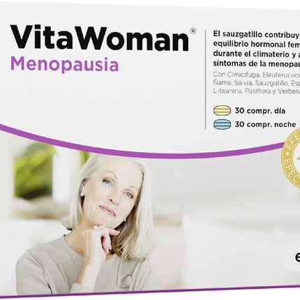 MENOPAUSIA Vitawoman - Reduce Sofocos, Insomnio, Hinchazón Y Sudoración - Efecto Día Y Noche - Con Salvia, Cimicífuga, Lúpulo, Pasiflora | 60 Comprimidos ELADIET