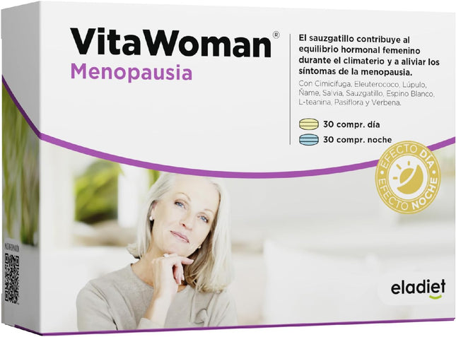 MENOPAUSIA Vitawoman - Reduce Sofocos, Insomnio, Hinchazón Y Sudoración - Efecto Día Y Noche - Con Salvia, Cimicífuga, Lúpulo, Pasiflora | 60 Comprimidos ELADIET