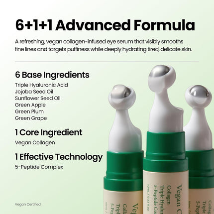 Suero Vegano De Colágeno Para Ojos K Beauty Triple Ácido Hialurónico Y Suero De Colágeno Peptídico Que Mejora La Elasticidad De La Piel 0.33 Fl. Oz.