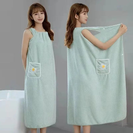 Women Wearable Bath Wrap Towel Absorbent Polyester Long Washable Bathroom Bathrobe