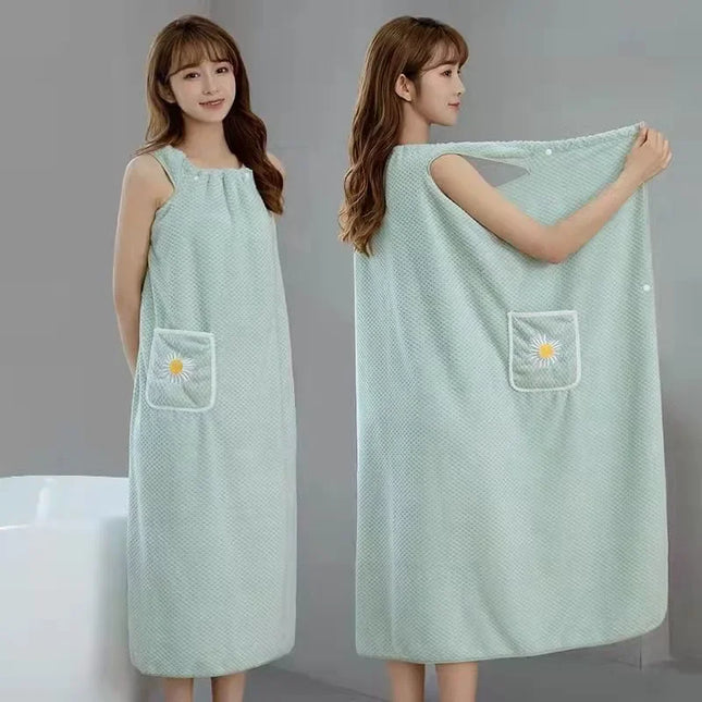 Women Wearable Bath Wrap Towel Absorbent Polyester Long Washable Bathroom Bathrobe