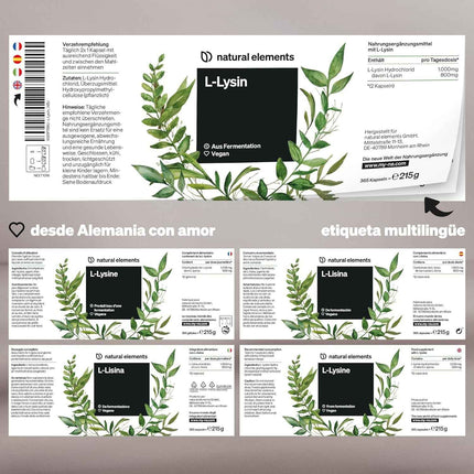 L-Lisina Vegana 1000 mg 365 Cápsulas Natural Elements